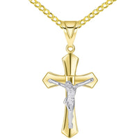 Load image into Gallery viewer, 14k Two Tone Solid Gold Passion Christian Cross Crucifix Pendant with Curb Necklace
