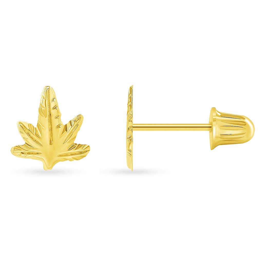 Solid 14k Yellow Gold Marijuana Weed Leaf Stud Earrings with Screw Back