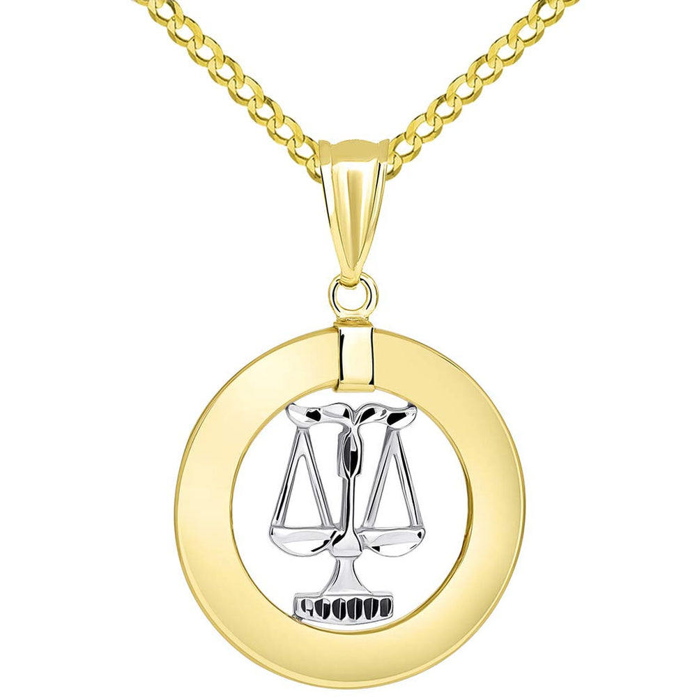 14k Gold Open Circle Libra Zodiac Sign Pendant Cuban Necklace - Two-Tone Gold