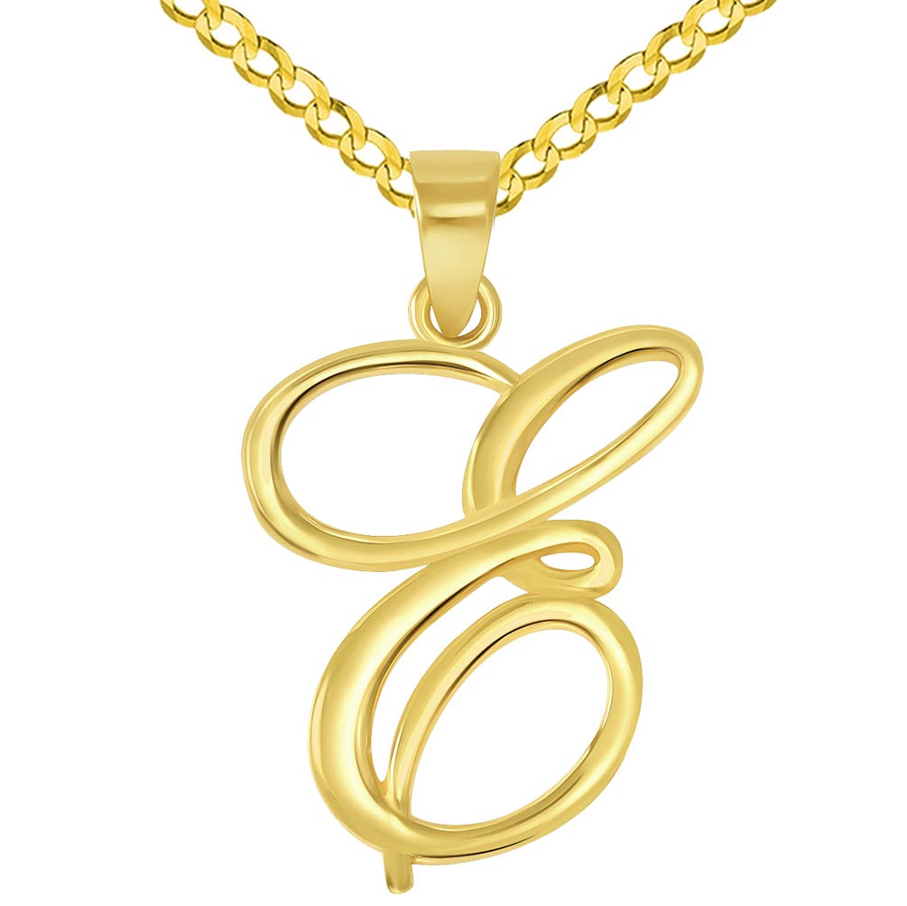 14k Yellow Gold Elegant Script Letter E Cursive Initial Pendant