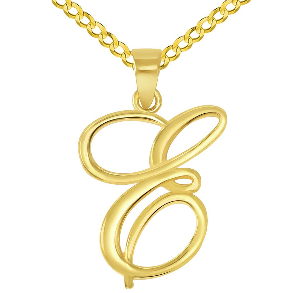14k Yellow Gold Elegant Script Letter E Cursive Initial Pendant with Curb Chain Necklace