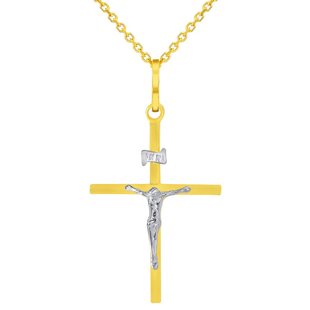 14k Two-Tone Gold Simple Catholic INRI Jesus Crucifix Pendant Necklace