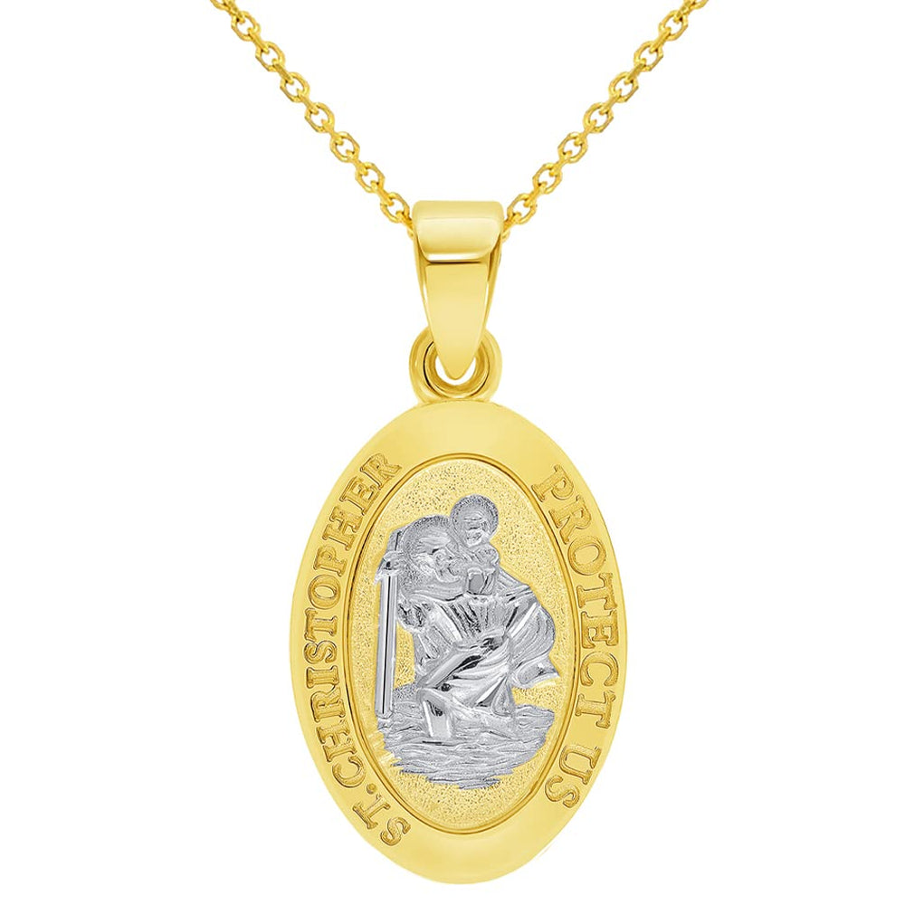 Solid 14k Yellow Gold Small Classic Miraculous Medallion of St. Christopher Pendant with Cable Chain Necklace