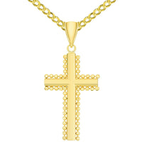 Load image into Gallery viewer, Solid 14k Yellow Gold Beaded Edged Plain Religious Cross Pendant with Curb Chain Necklace
