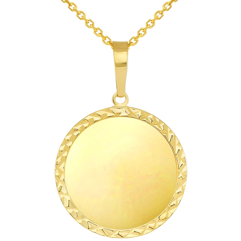 14k Yellow Gold Engravable Personalized Textured Plain Circle Disc Charm Pendant Necklace