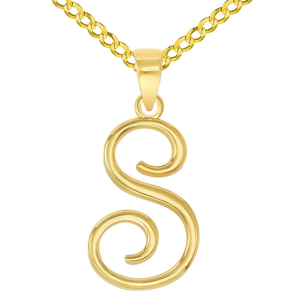 14k Yellow Gold Elegant Script Letter S Cursive Initial Pendant with Concave Cuban Link Curb Chain Necklace