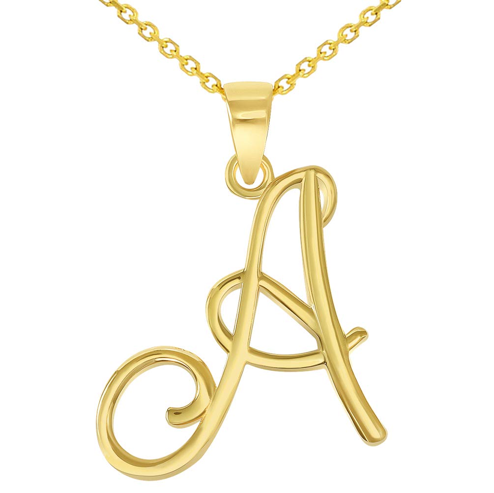 14k Yellow Gold Elegant Script Letter A Cursive Initial Pendant Necklace