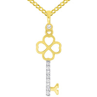 Load image into Gallery viewer, 14k Yellow Gold Cubic Zirconia Four Leaf Clover Love Key To My Heart Pendant Necklace with Curb Chain
