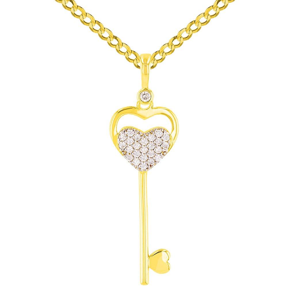 14K Yellow Gold Double CZ Heart Love Key Pendant with Cuban Necklace