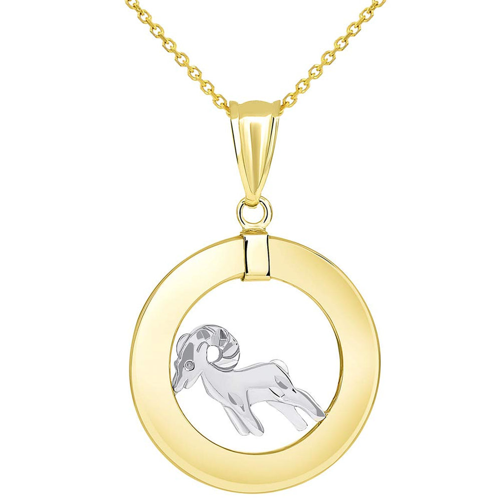 High Polish 14k Two Tone Gold Open Circle Aries Zodiac Sign Pendant Necklace
