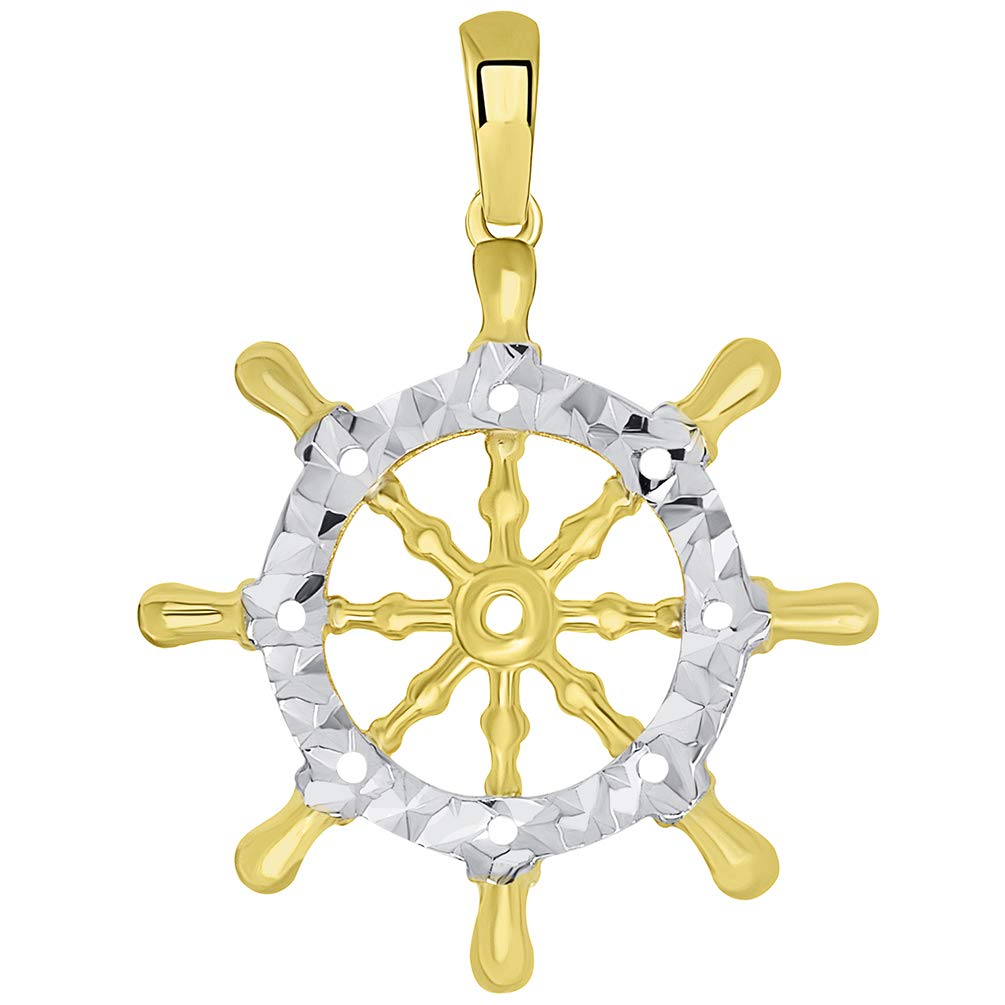 14k Yellow Gold Textured Two Tone Ships Wheel Pendant