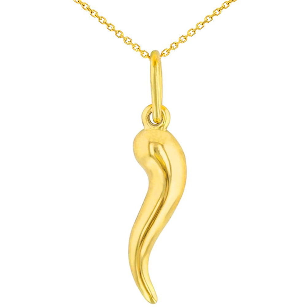 14K Yellow Gold Polished Dainty Cornicello Horn Charm Pendant with Chain Necklace