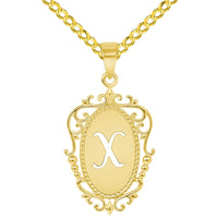 Load image into Gallery viewer, 14k Yellow Gold Elegant Filigree Oval Uppercase Initial X Script Letter Plate Pendant with Curb Chain Necklace
