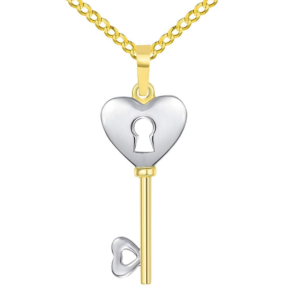 14k Yellow Gold 3D Two Tone Heart Shaped Love Key Pendant with Cuban Curb Chain Necklace