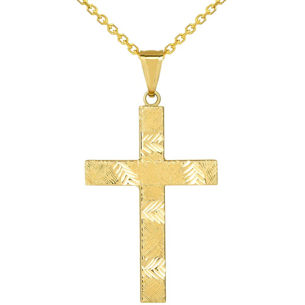 14k Yellow Gold Polished and Textured Reversible Religious Plain Cross Pendant Necklace