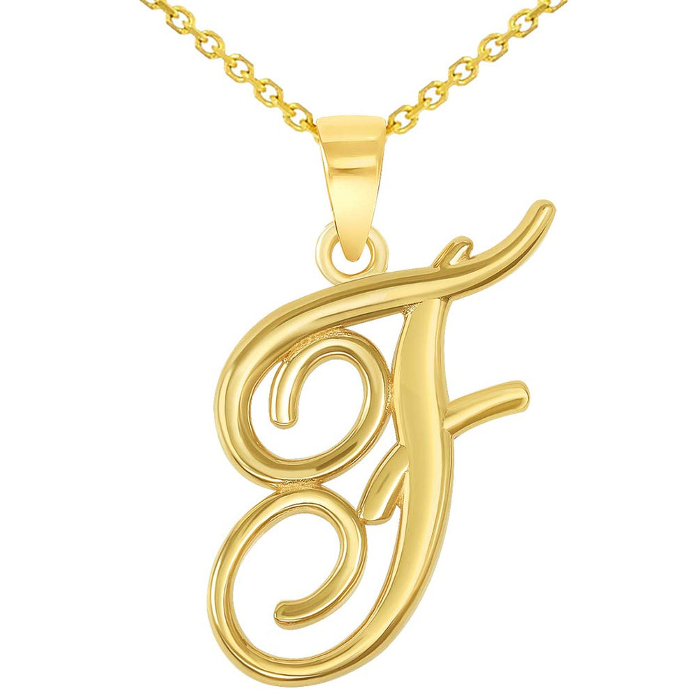 14k Yellow Gold Elegant Script Letter F Cursive Initial Pendant Necklace