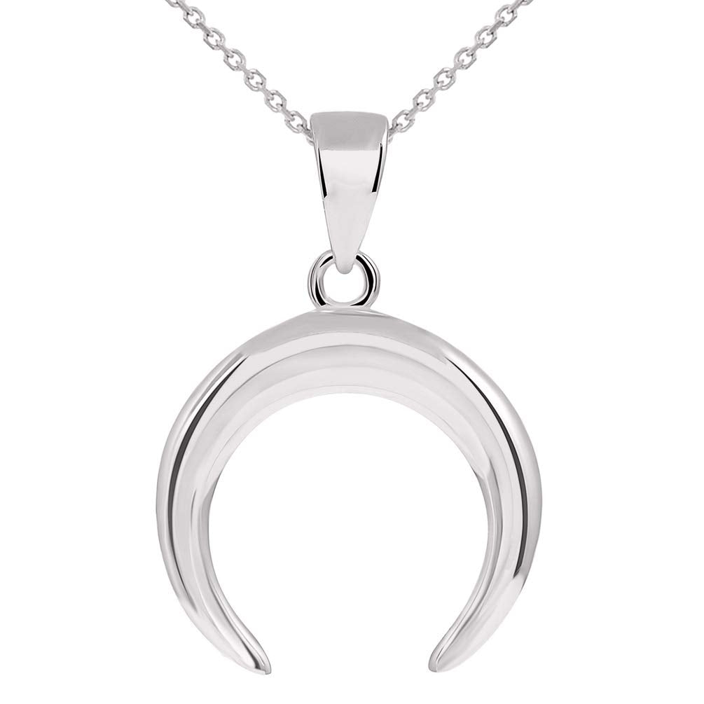 14k White Gold Double Horn High Polished Crescent Moon Pendant Necklace