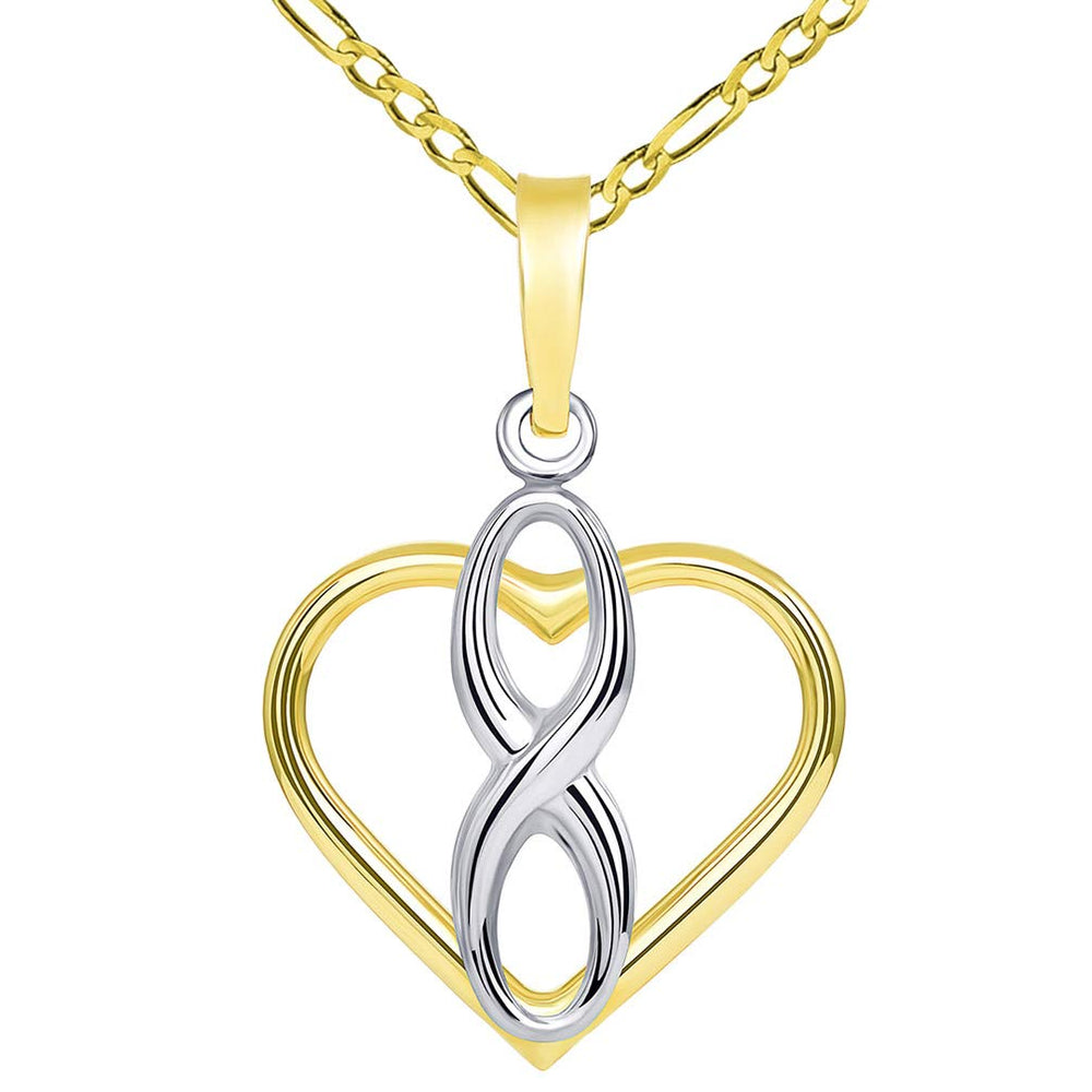 14k Gold Vertical Infinity Sign in Open Heart Pendant with Figaro Necklace - Two-Tone Gold