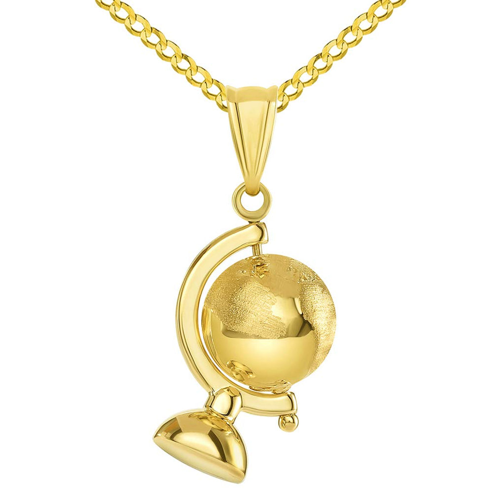 14k Yellow Gold Spinning Globe Pendant with Curb Chain Necklace