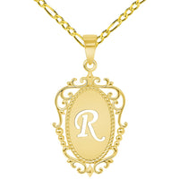 Load image into Gallery viewer, 14k Yellow Gold Elegant Filigree Oval Uppercase Initial R Script Letter Plate Pendant with Figaro Chain Necklace
