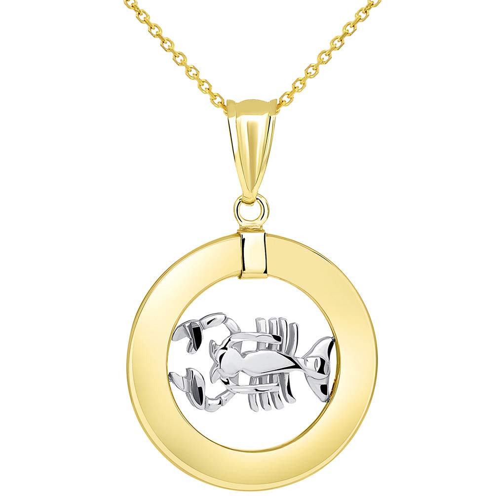 High Polish 14k Two Tone Gold Open Circle Cancer Zodiac Sign Pendant Necklace