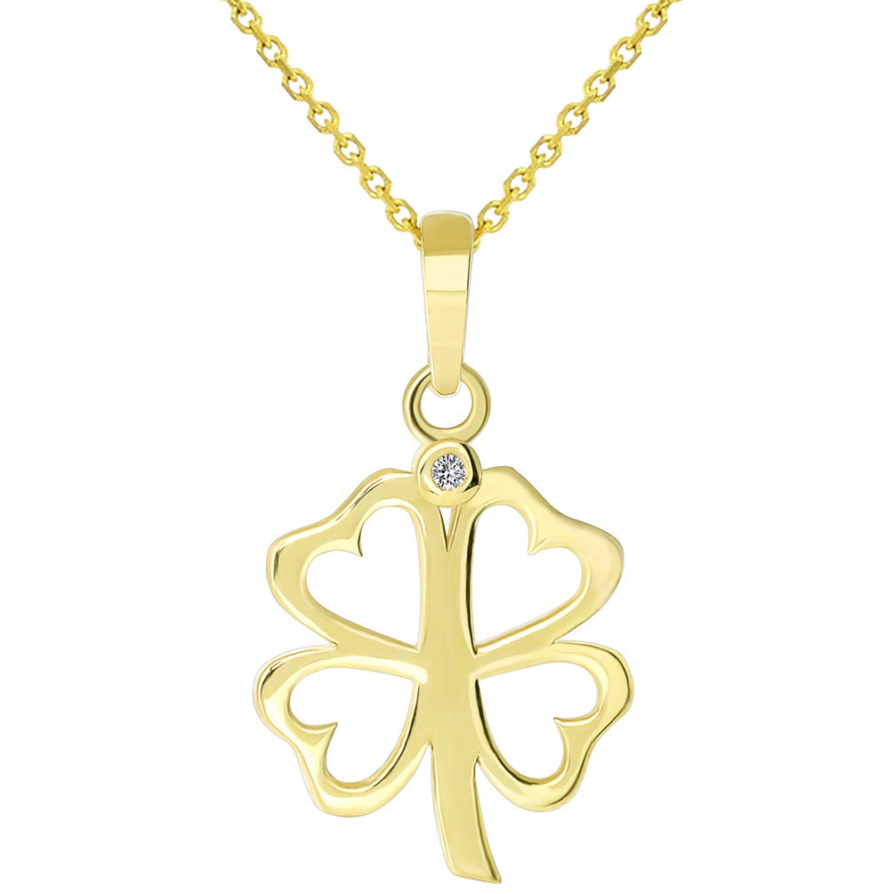 Solid 14k Yellow Gold CZ Four Leaf Clover with Open Heart Design Charm Pendant Necklace