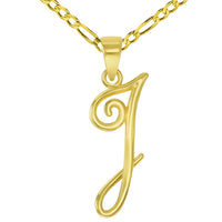Load image into Gallery viewer, 14k Yellow Gold Elegant Script Letter I Cursive Initial Pendant with Figaro Chain Necklace
