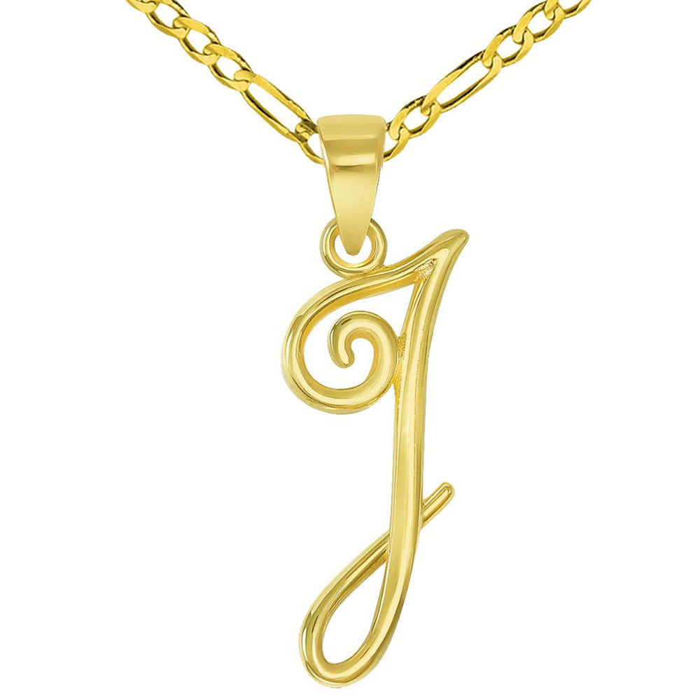 14k Yellow Gold Elegant Script Letter I Cursive Initial Pendant with Figaro Chain Necklace