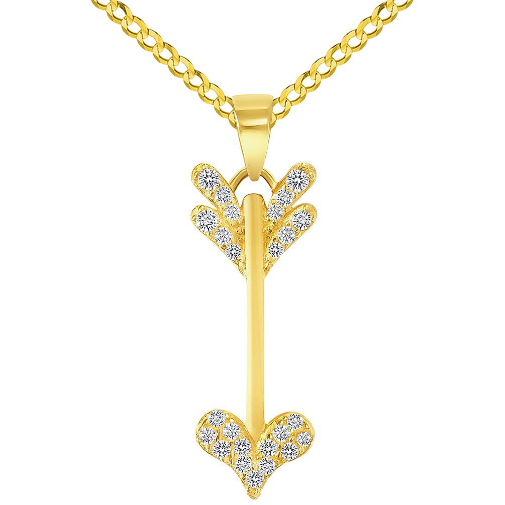 14k Yellow Gold Cubic-Zirconia Reversible Vertical Cupid's Love Arrow Pendant with Cuban Curb Chain Necklace