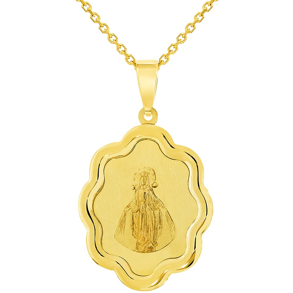 14k Yellow Gold Elegant Miraculous Medal of Virgin Mary Pendant Necklace