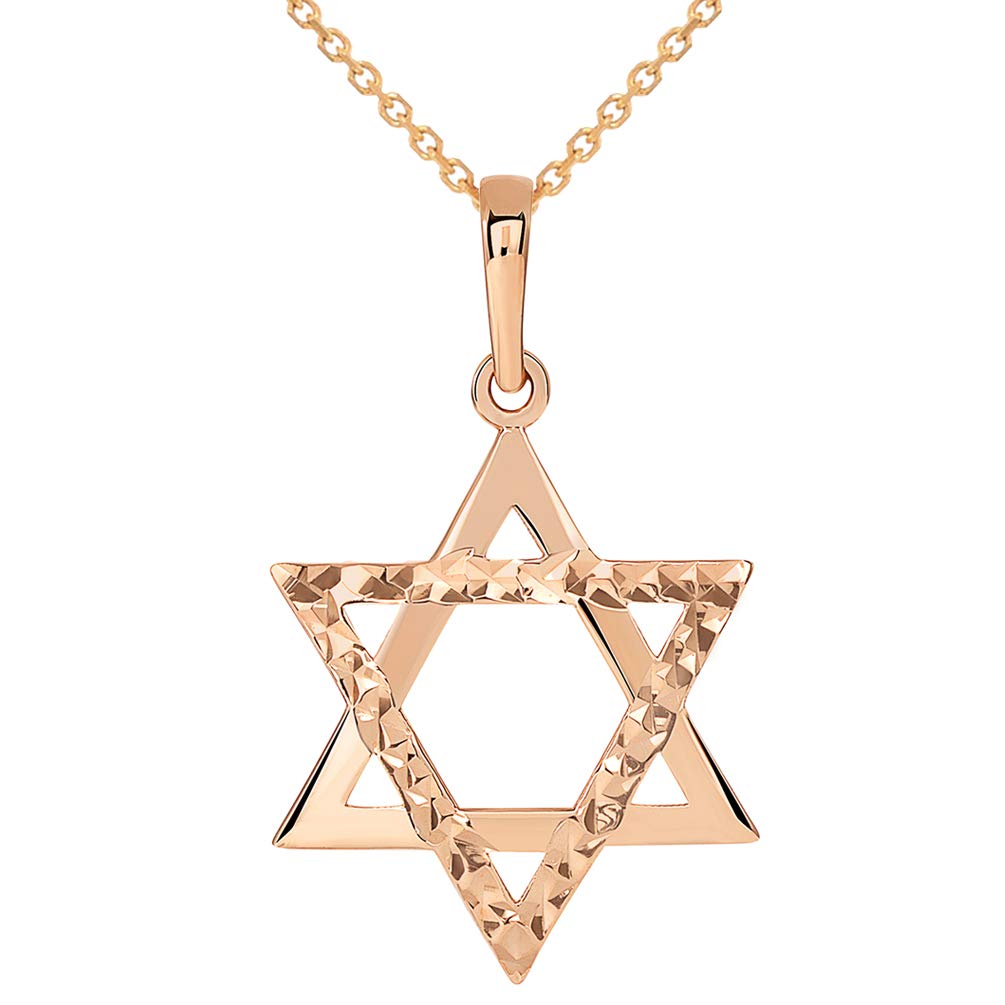 14k Rose Gold High Polished and Sparkle Cut Hebrew Star of David Pendant Necklace