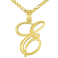 Load image into Gallery viewer, 14k Yellow Gold Elegant Script Letter E Cursive Initial Pendant with Figaro Chain Necklace
