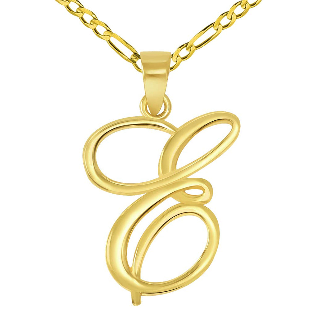 14k Yellow Gold Elegant Script Letter E Cursive Initial Pendant with Figaro Chain Necklace