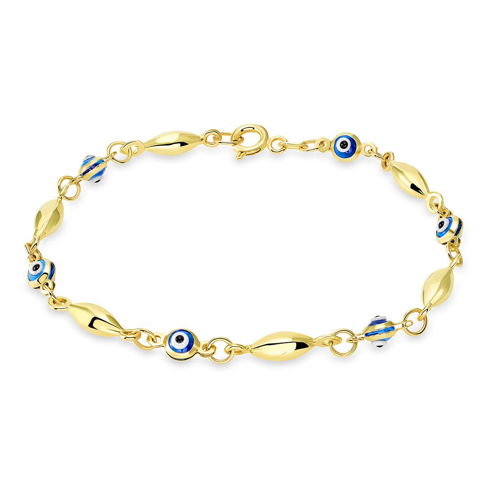 14k Solid Yellow or White Gold Mini Oval Shaped Bead Blue Evil Eye Bracelet with Spring Ring Clasp