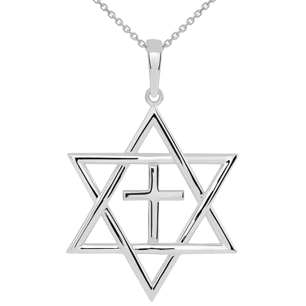14k White Gold Jewish Star of David with Religious Cross Judeo Christian Pendant Necklace