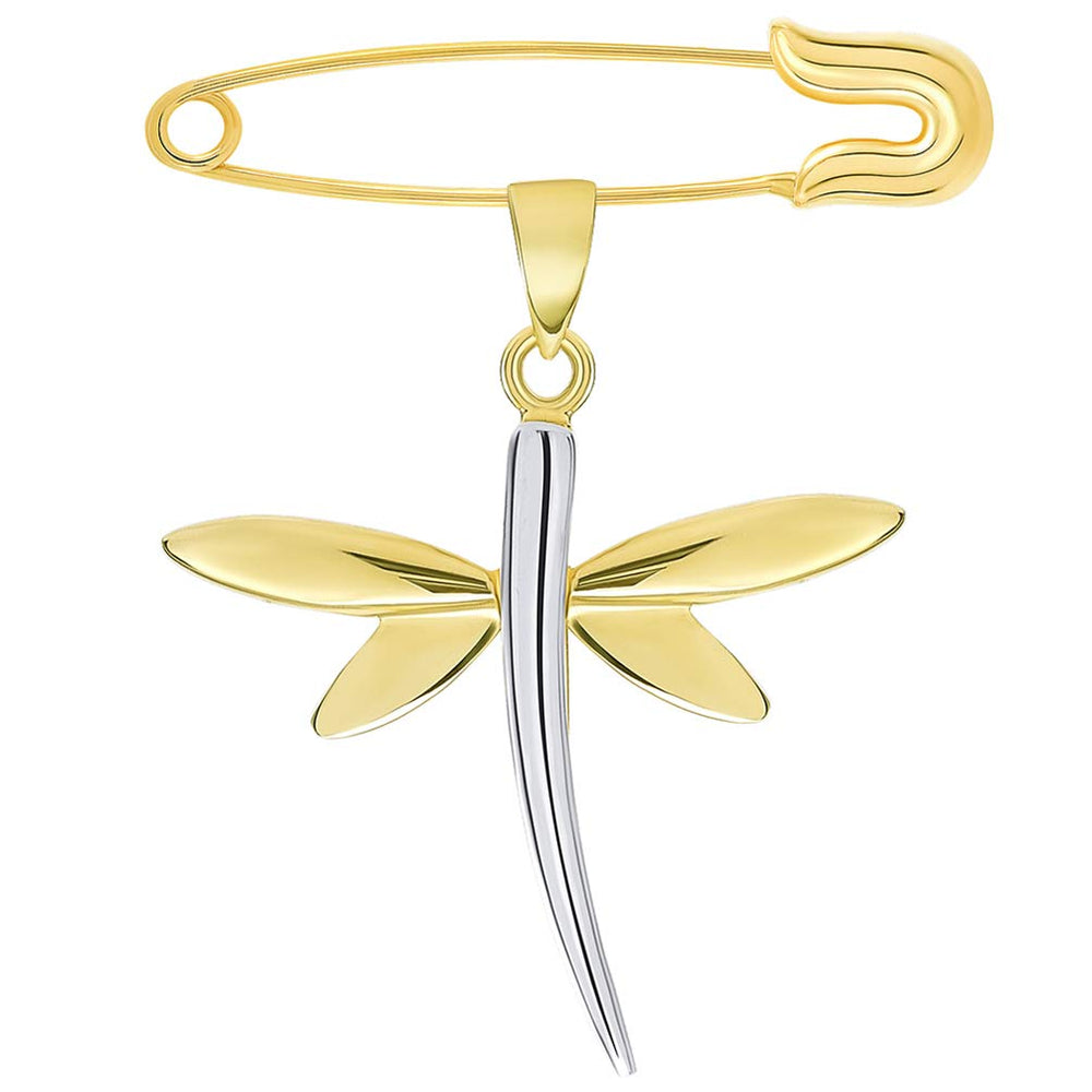 Solid 14k Yellow Gold High Polish Two Tone Dragonfly Charm Pendant with Safety Pin Brooch