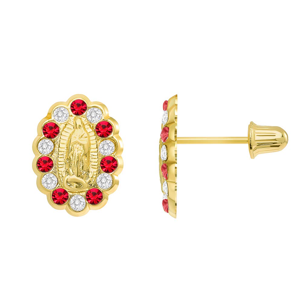 14k Yellow Gold Red and White Cubic Zirconia Miraculous Our Lady Of Guadalupe Stud Earrings with Screw Back