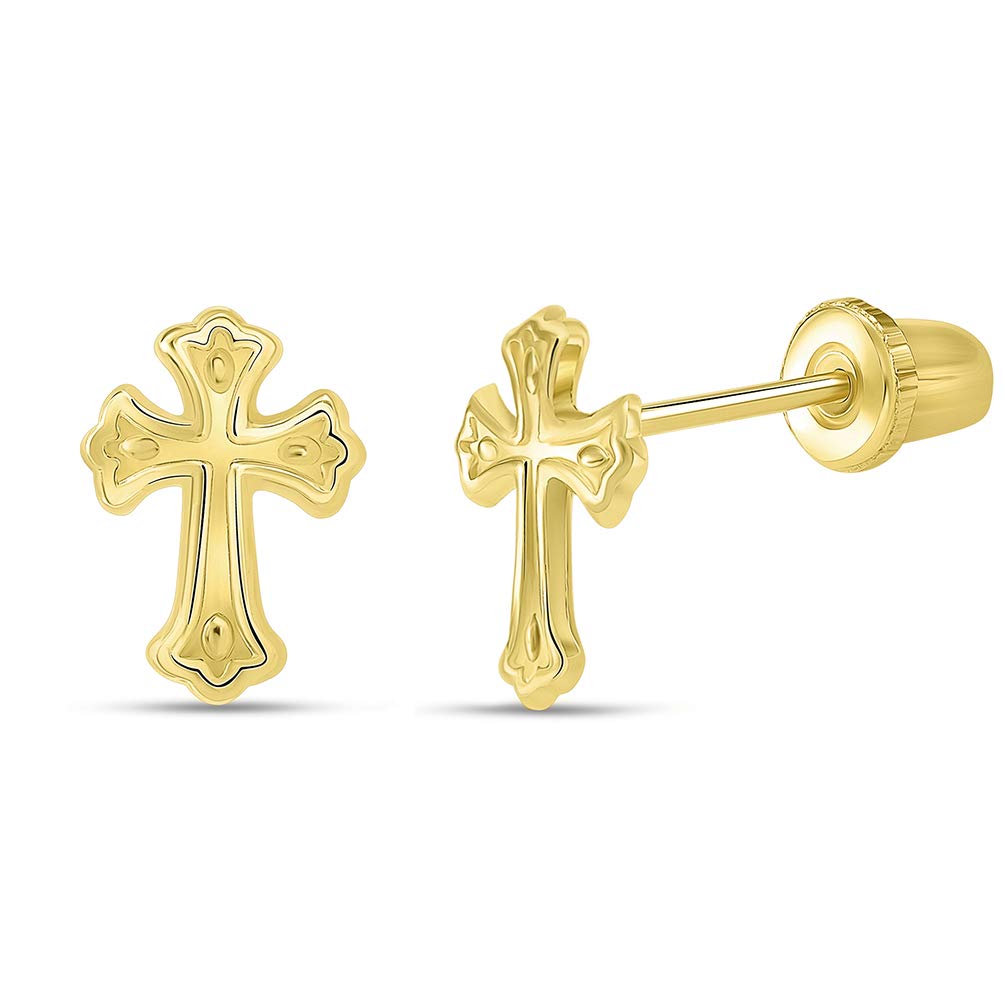 14k Yellow Gold Christian Cross Stud Earrings with Screw Back