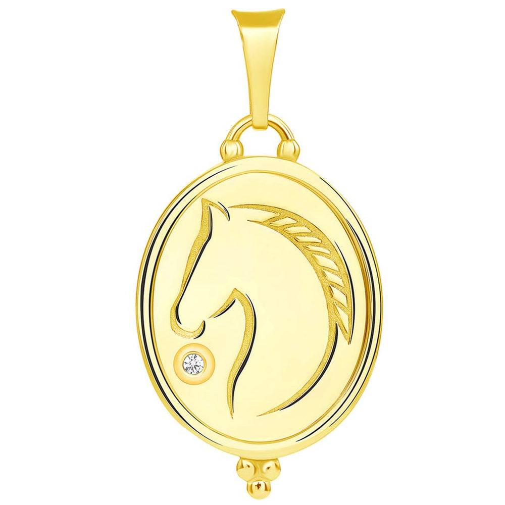 CZ Solitaire Stallion Horse Oval Medallion Pendant