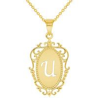 Load image into Gallery viewer, 14k Yellow Gold Elegant Filigree Oval Uppercase Initial U Script Letter Plate Pendant with Cable Chain Necklace
