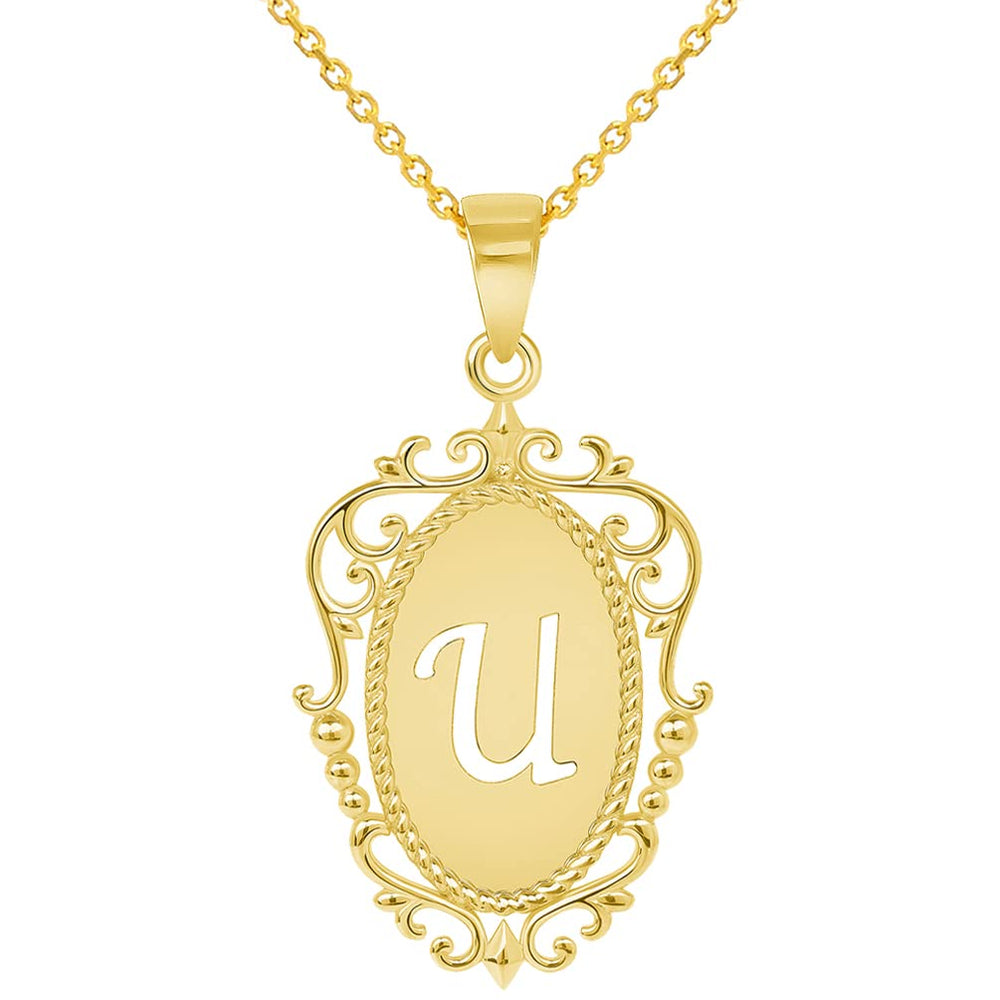 14k Yellow Gold Elegant Filigree Oval Uppercase Initial U Script Letter Plate Pendant with Cable Chain Necklace