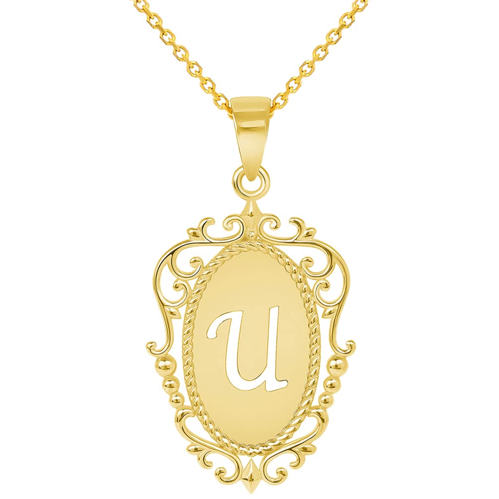 14k Yellow Gold Elegant Filigree Oval Uppercase Initial U Script Letter Plate Pendant with Cable Chain Necklace