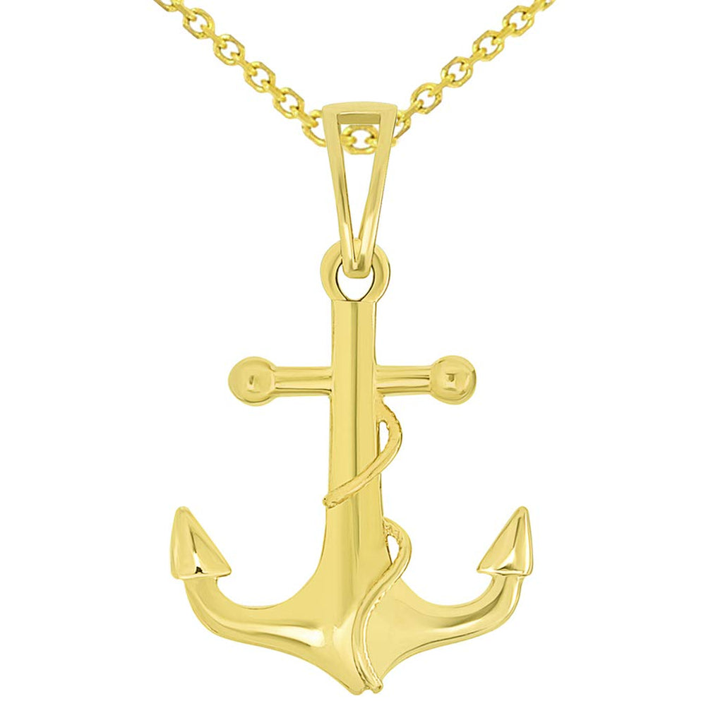 Solid 14k Gold Maritime Anchor with Rope Pendant Necklace Available with Rolo, Curb, or Figaro Chain Necklaces - Yellow Gold