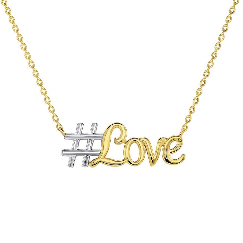 14k Yellow Gold Hashtag Love Word In Script Necklace with Lobster Claw Clasp
