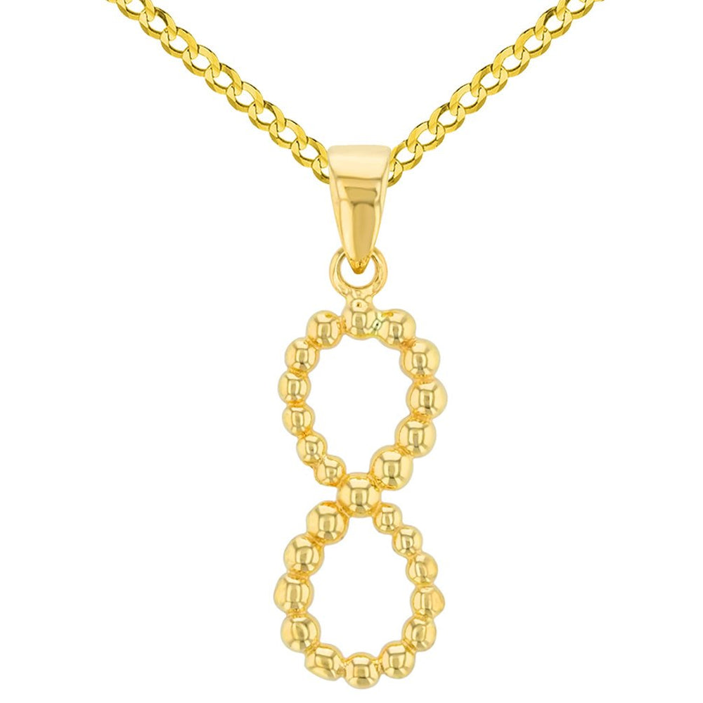 14K Gold Beaded Vertical Infinity Pendant with Cuban Chain Necklace - Yellow Gold
