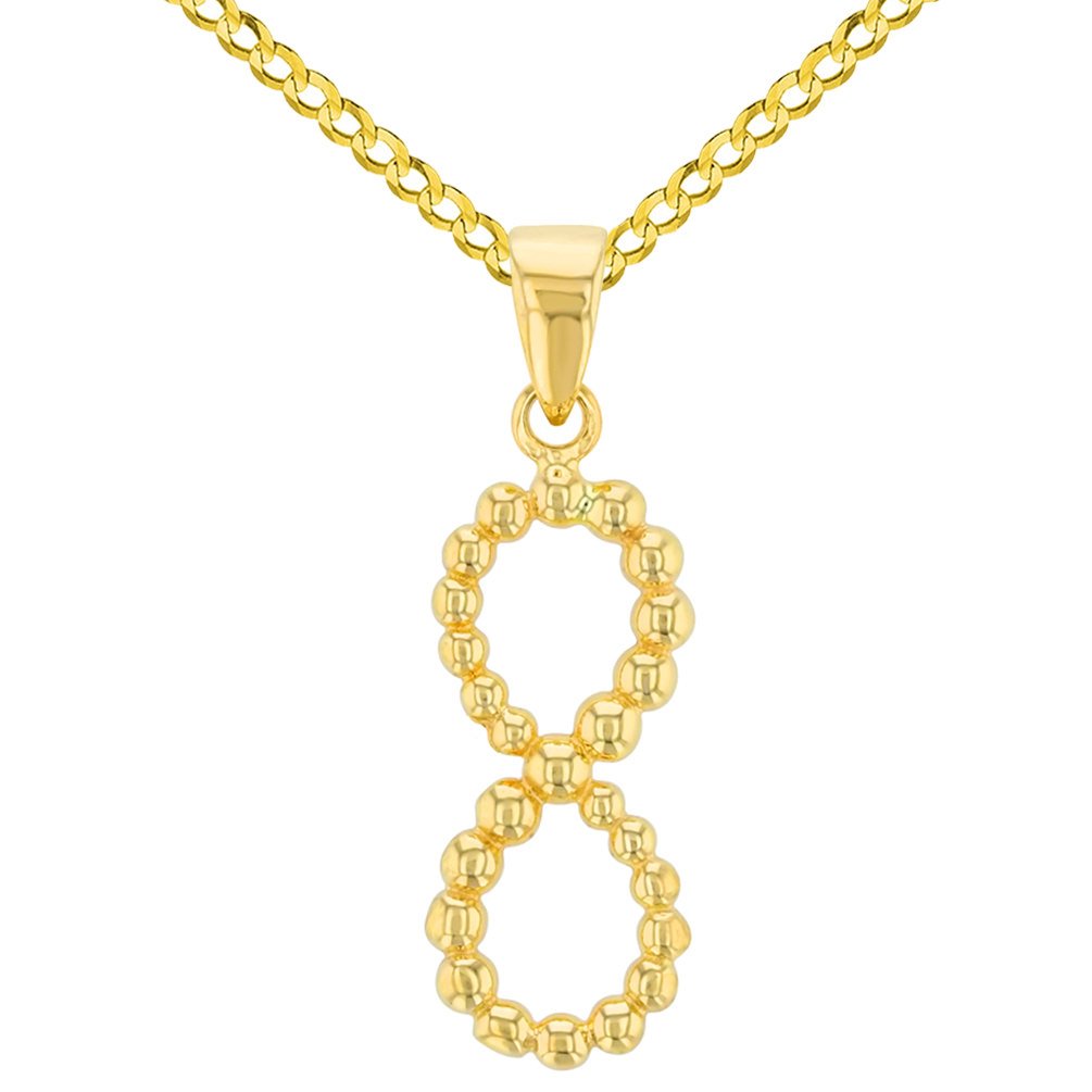 14K Gold Beaded Vertical Infinity Pendant with Cuban Chain Necklace - Yellow Gold