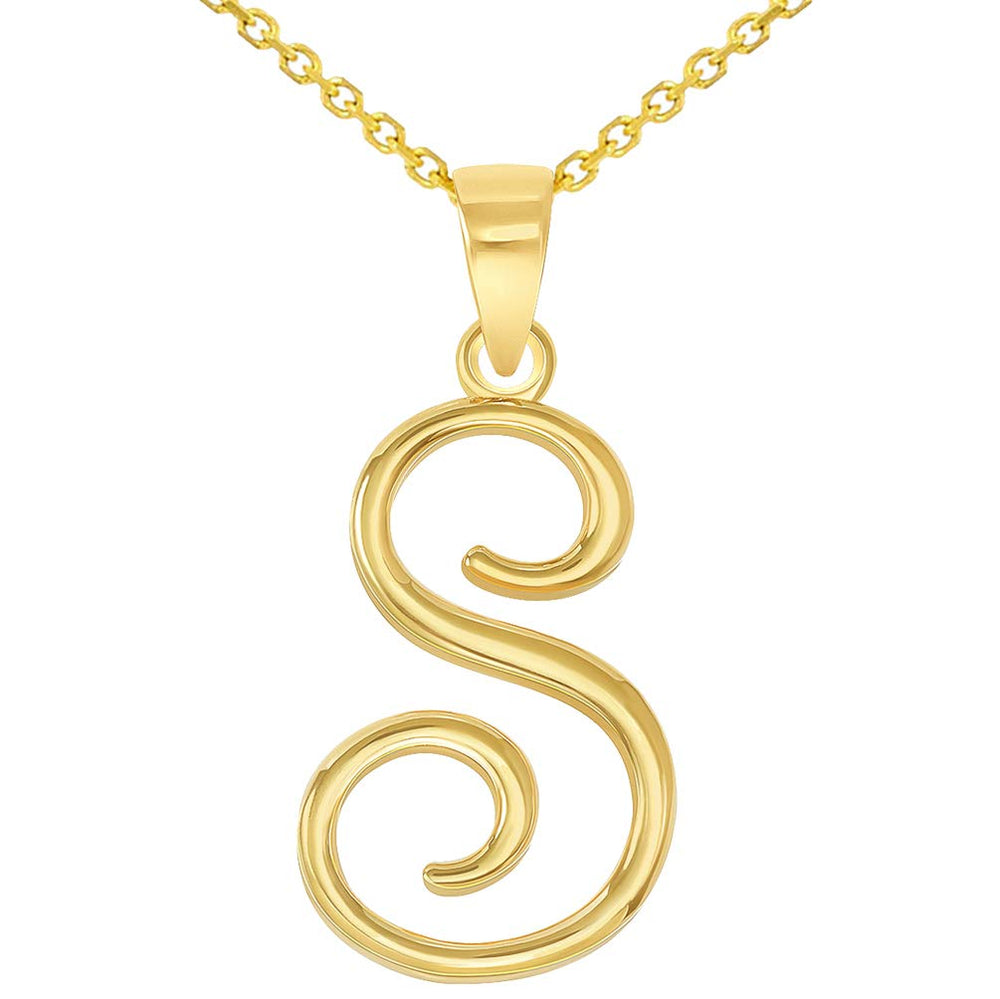 14k Yellow Gold Elegant Script Letter S Cursive Initial Pendant Necklace