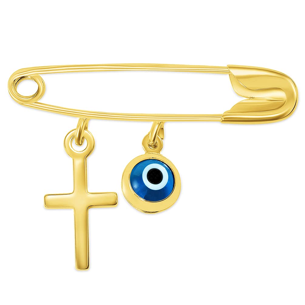 14k Yellow Gold Blue Evil Eye and Religious Cross Charm Safety Pin Brooch
