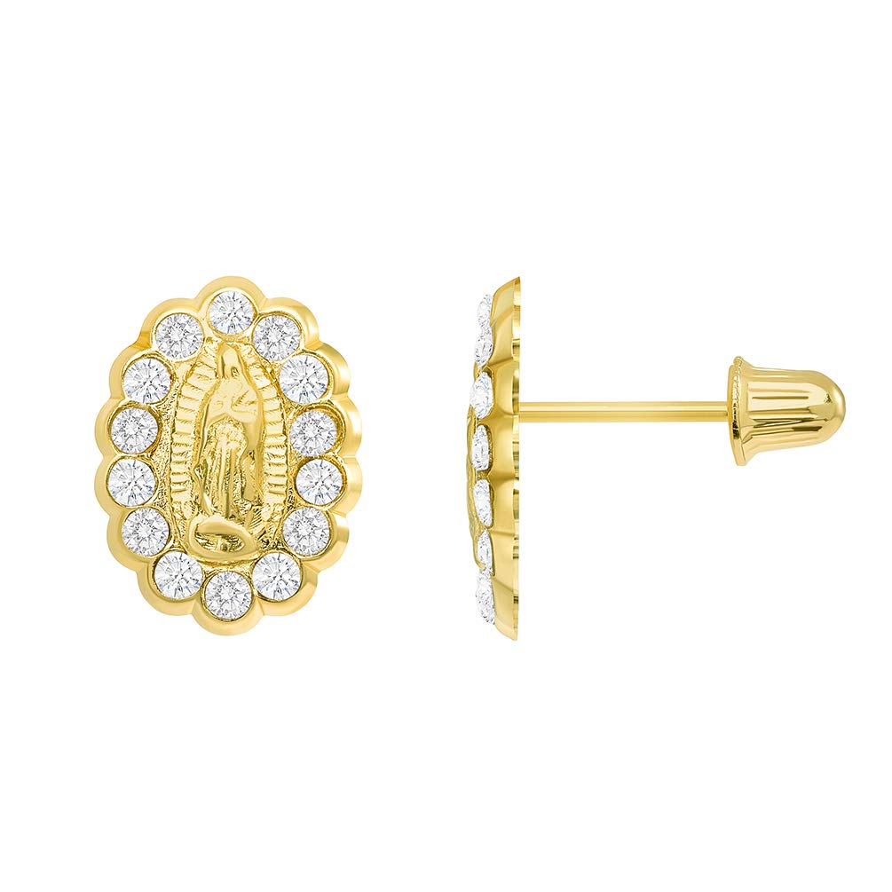 14k Yellow Gold Cubic Zirconia Miraculous Our Lady Of Guadalupe Stud Earrings with Screw Back
