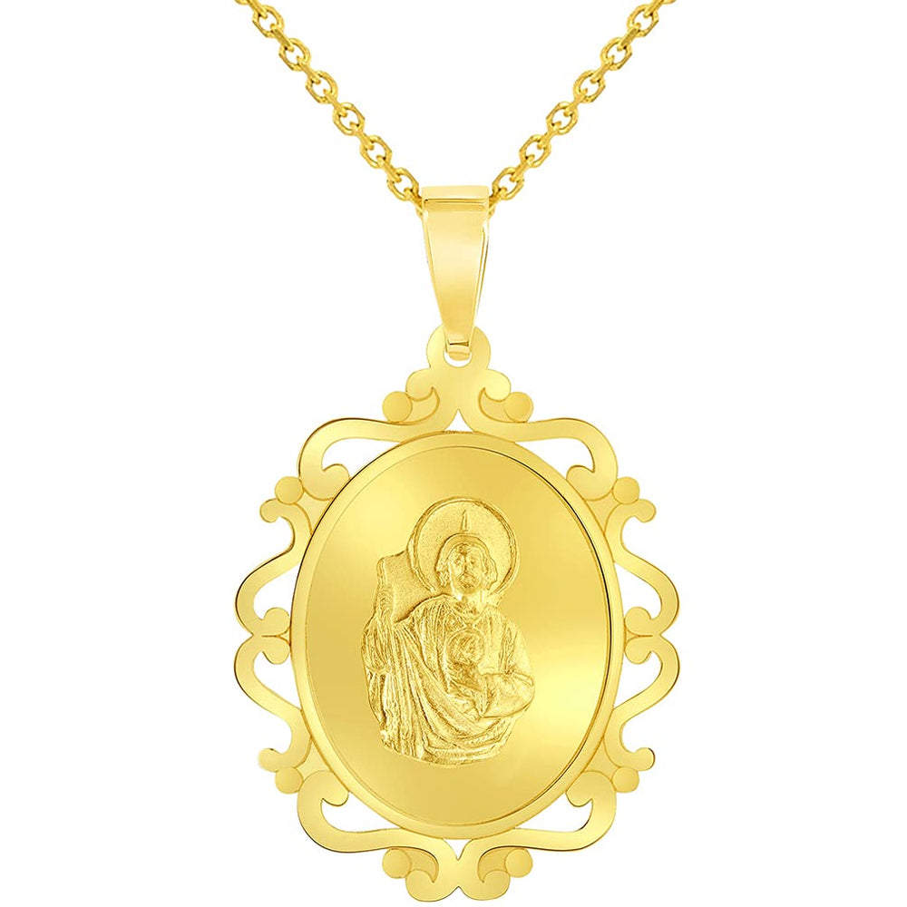 14k Yellow Gold Elegant Ornate Miraculous Medal of Saint Jude Thaddeus the Apostle Pendant Necklace